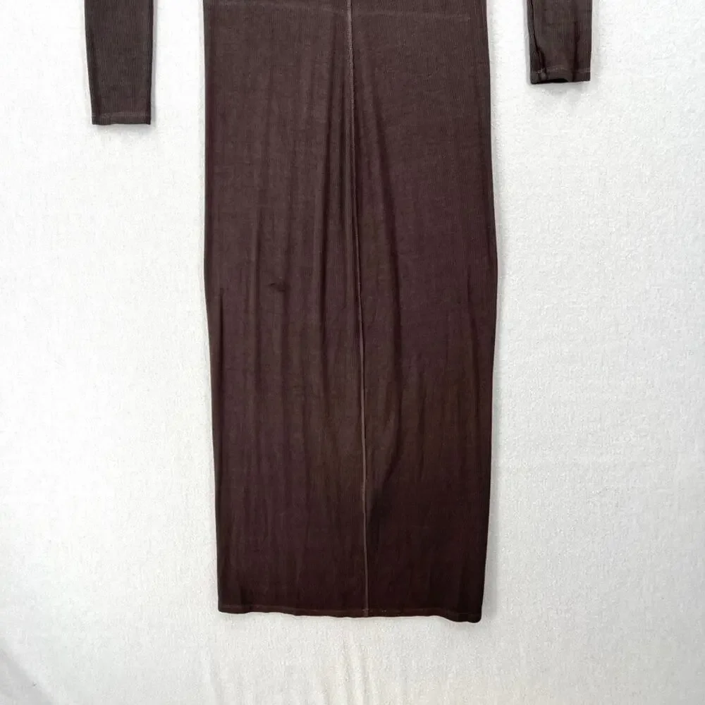 ENZA COSTA Silk Rib Long Sleeve Scoop Dress Women Medium Gray Black Maxi Stretch - Picture 7 of 14